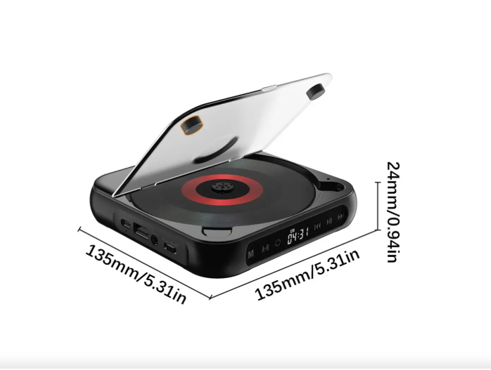 Mini Leitor de CD Portátil Bluetooth com Rádio FM e Bateria Recarregável – Preto Elegante
